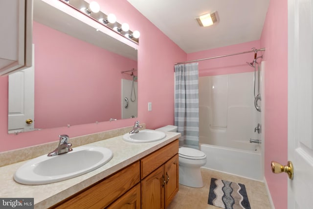 full bathroom featuring vanity, shower / tub combo, tile patterned floors, and toilet