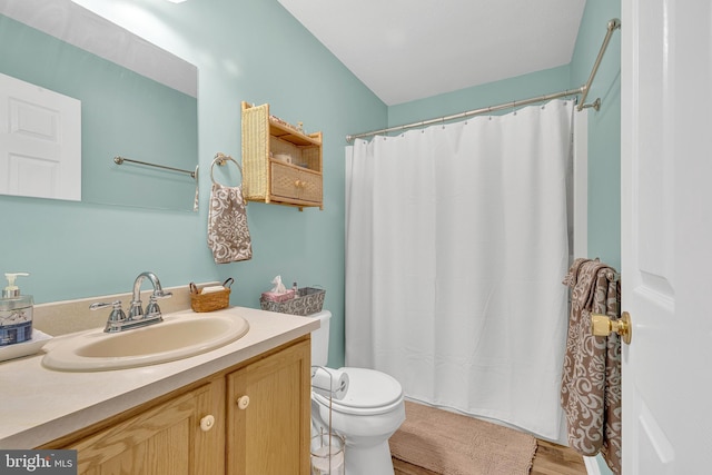 bathroom with vanity, toilet, and a shower with shower curtain