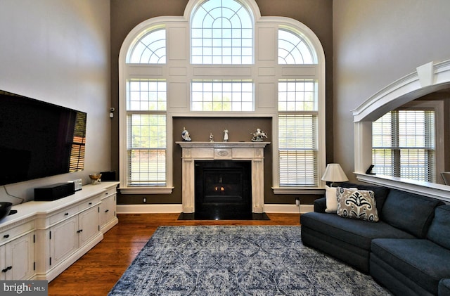 living room featuring plenty of natural light, dark hardwood / wood-style floors, and a high ceiling