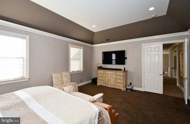 bedroom featuring lofted ceiling, multiple windows, and dark colored carpet