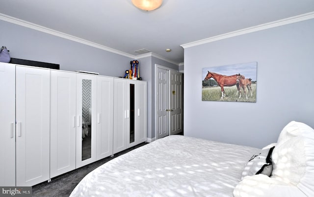 carpeted bedroom with crown molding