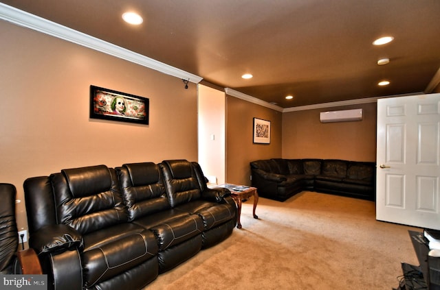 carpeted living room featuring ornamental molding and a wall mounted AC