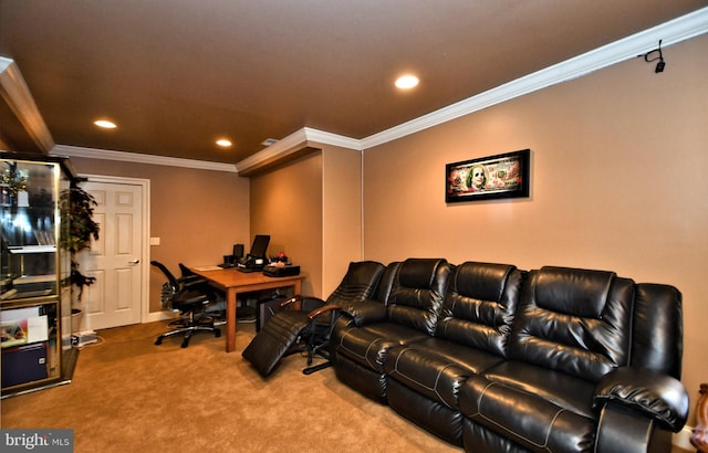 office area with crown molding and carpet floors