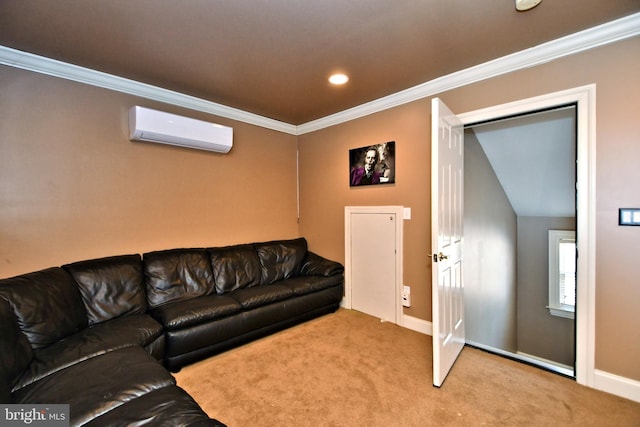 living room with ornamental molding, an AC wall unit, and light colored carpet