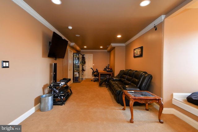 living room with ornamental molding and carpet