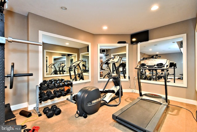 workout area with carpet flooring