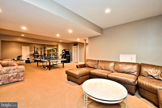 living room featuring light carpet