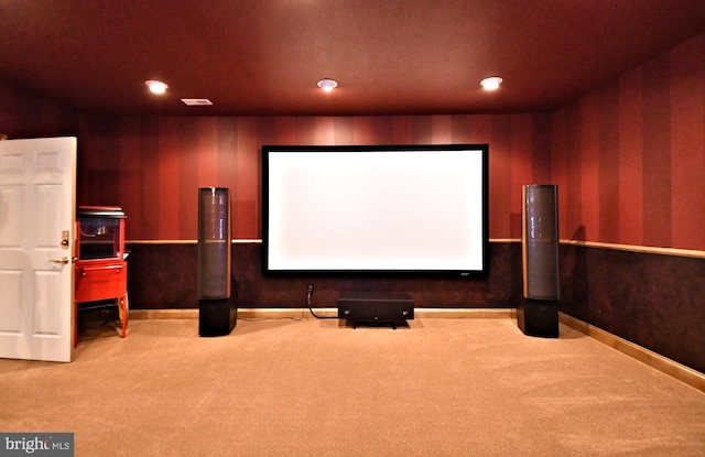 home theater featuring carpet