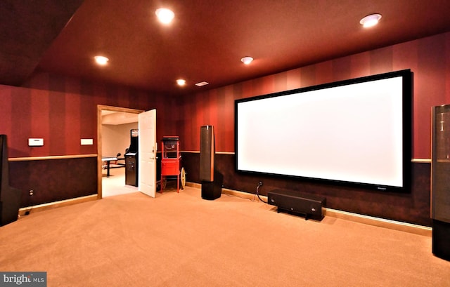 cinema featuring light colored carpet