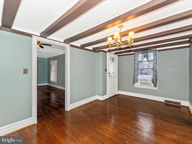 spare room with beamed ceiling, dark hardwood / wood-style flooring, and ceiling fan with notable chandelier