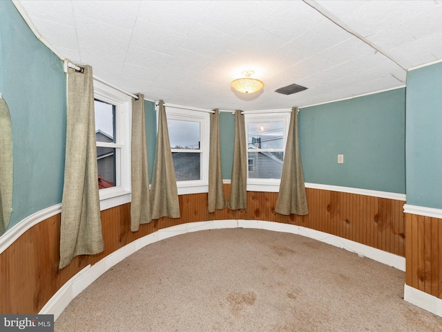 unfurnished room featuring a healthy amount of sunlight, carpet, and wood walls