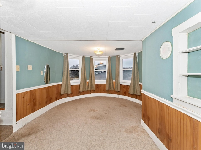 unfurnished room featuring carpet floors and wooden walls