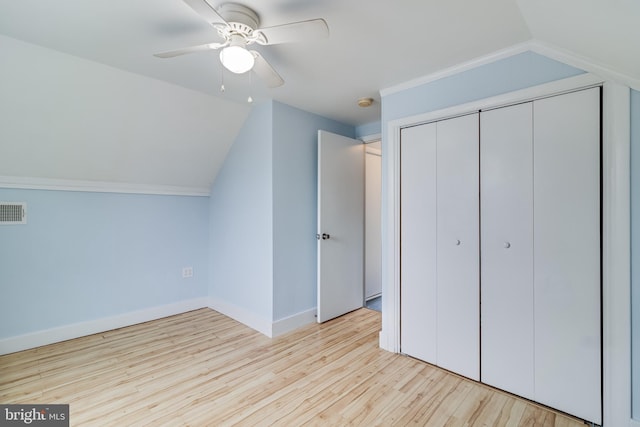 bonus room featuring ceiling fan, lofted ceiling, and light hardwood / wood-style floors