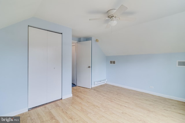 bonus room with vaulted ceiling, ceiling fan, and light hardwood / wood-style floors