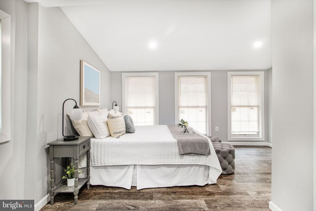 bedroom with vaulted ceiling and hardwood / wood-style floors