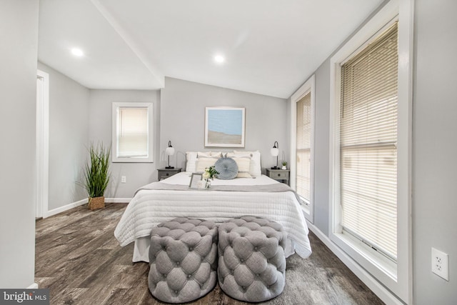 bedroom featuring lofted ceiling and dark hardwood / wood-style flooring