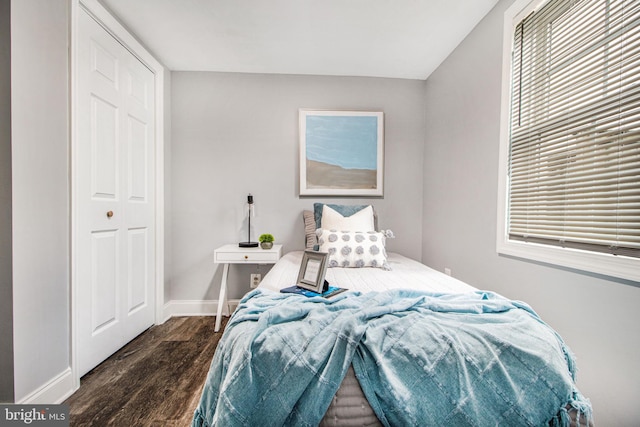 bedroom with dark hardwood / wood-style floors