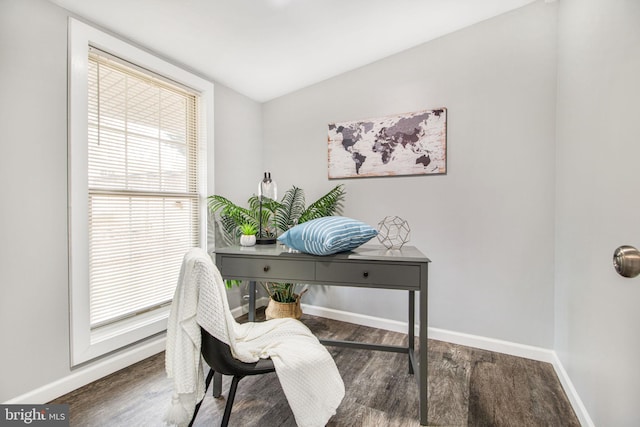 home office with dark hardwood / wood-style floors