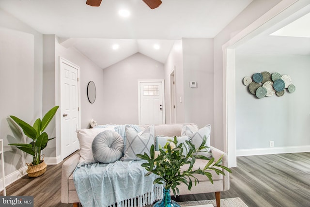 interior space featuring lofted ceiling, wood-type flooring, and ceiling fan