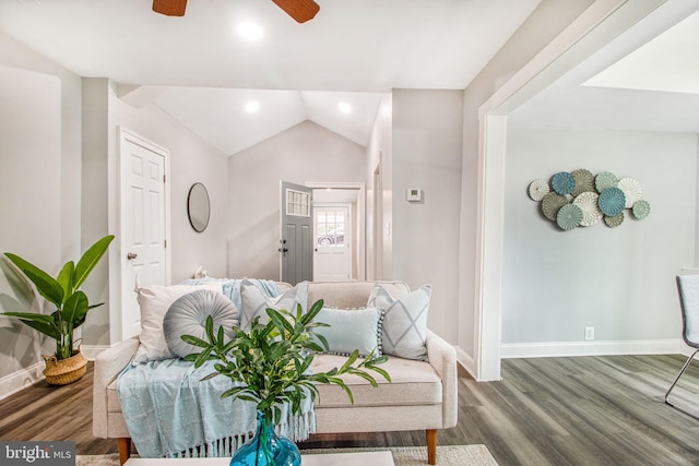 living room with vaulted ceiling, ceiling fan, and hardwood / wood-style floors