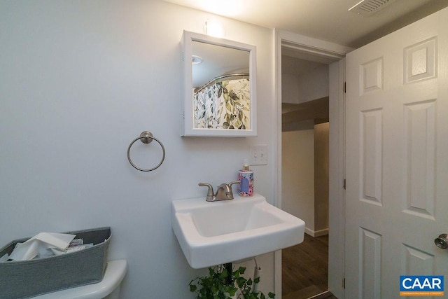 bathroom with hardwood / wood-style floors