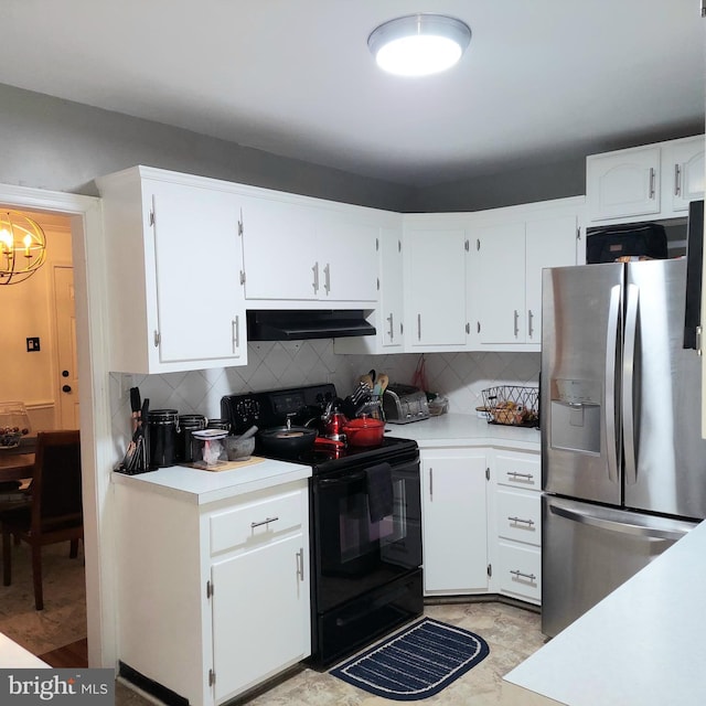 kitchen featuring backsplash, black electric range, stainless steel fridge with ice dispenser, and white cabinets