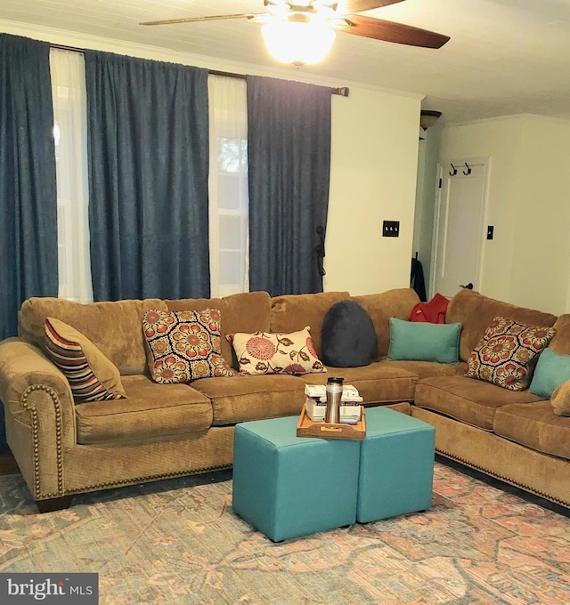 living room featuring ceiling fan