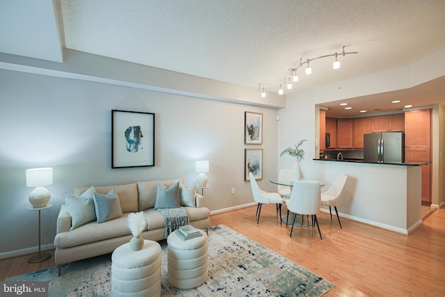 living room with light hardwood / wood-style floors and a textured ceiling