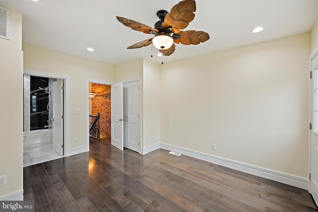 718 Collington Ave, Baltimore, MD 21205 - unfurnished bedroom featuring ceiling fan, dark hardwood / wood-style flooring, a closet, and ensuite bath