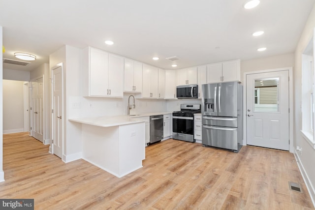 kitchen with white cabinetry, decorative backsplash, kitchen peninsula, stainless steel appliances, and light wood-type flooring