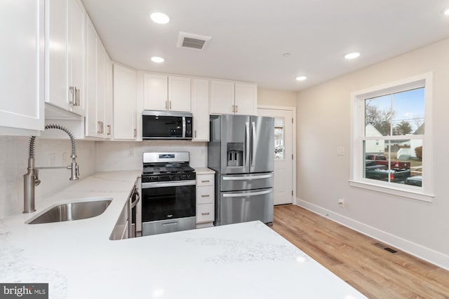 kitchen with sink, white cabinetry, tasteful backsplash, light wood-type flooring, and appliances with stainless steel finishes