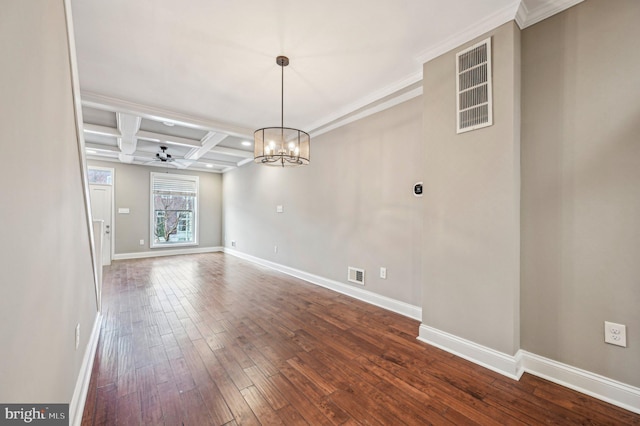 unfurnished dining area with ceiling fan with notable chandelier, wood-type flooring, ornamental molding, coffered ceiling, and beam ceiling