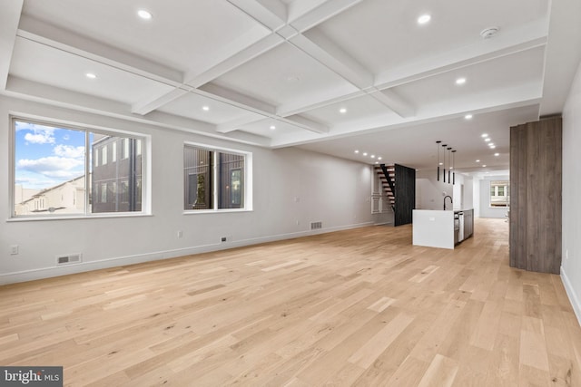 unfurnished living room featuring stairway, visible vents, coffered ceiling, beam ceiling, and light wood-style floors