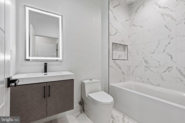 full bath with vanity, toilet, and marble finish floor