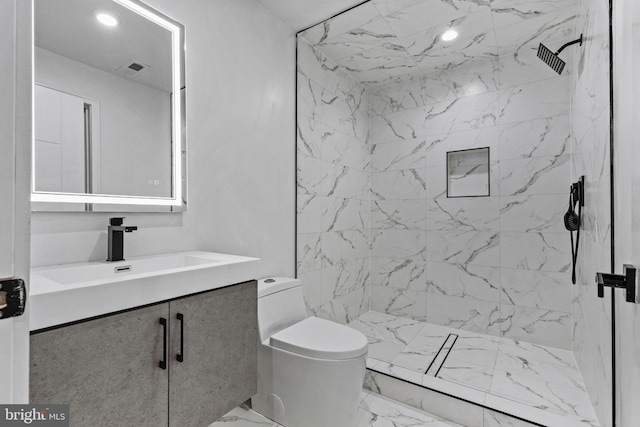 full bathroom featuring vanity, visible vents, a marble finish shower, toilet, and marble finish floor