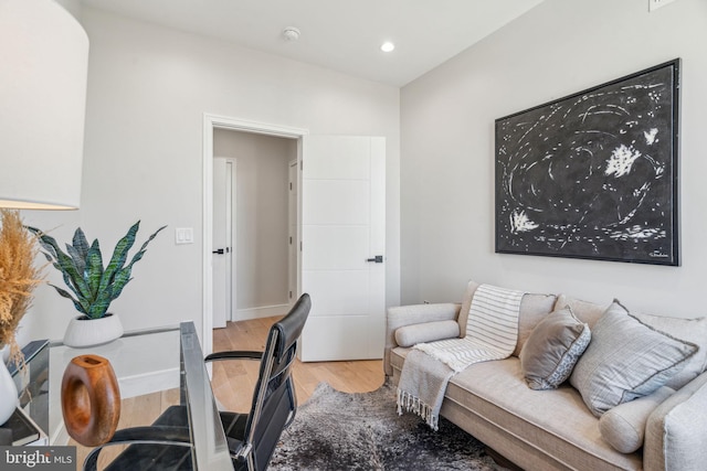 office area featuring recessed lighting, wood finished floors, and baseboards