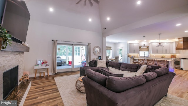 living room with a fireplace, a high ceiling, light hardwood / wood-style flooring, and a wealth of natural light