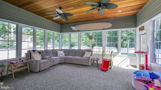 sunroom with ceiling fan and wooden ceiling