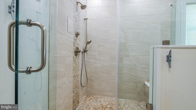 bathroom featuring a shower with shower door