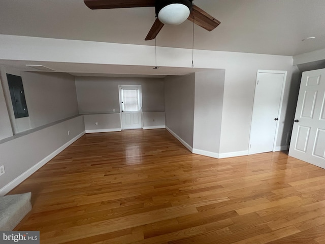 spare room with hardwood / wood-style flooring, electric panel, and ceiling fan