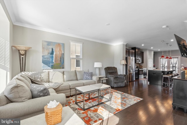 living room featuring crown molding, plenty of natural light, and dark hardwood / wood-style flooring