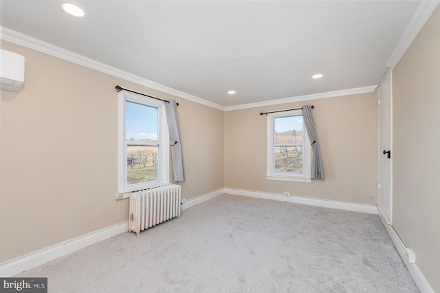 unfurnished room with ornamental molding, an AC wall unit, radiator heating unit, and light carpet