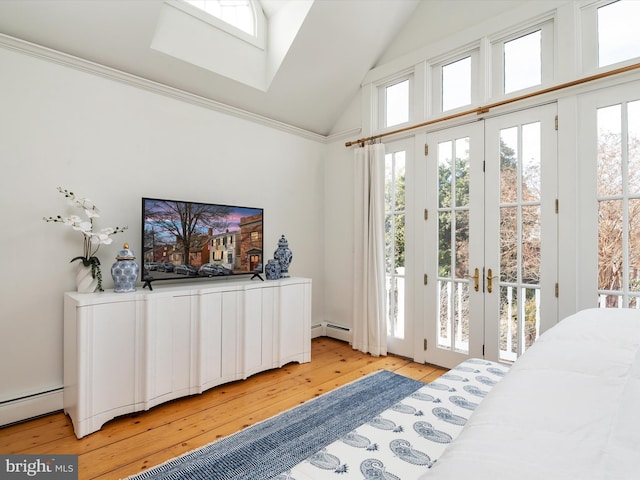 143 Market St, Annapolis, MD 21401 - bedroom featuring lofted ceiling, a baseboard heating unit, light hardwood / wood-style floors, and access to outside