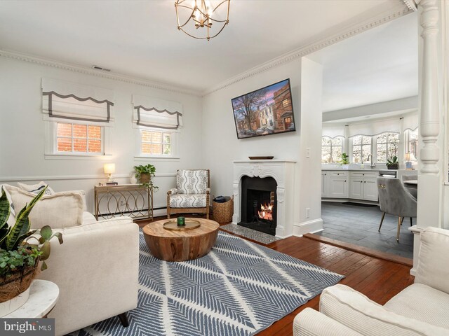 143 Market St, Annapolis, MD 21401 - living room with a baseboard heating unit, ornamental molding, a healthy amount of sunlight, and hardwood / wood-style floors