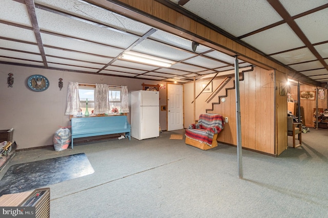 basement with white fridge