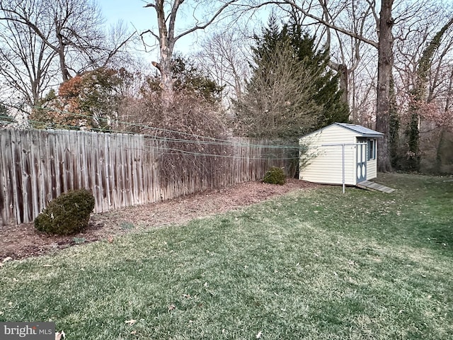 view of yard featuring a storage unit