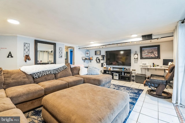 tiled living room with crown molding