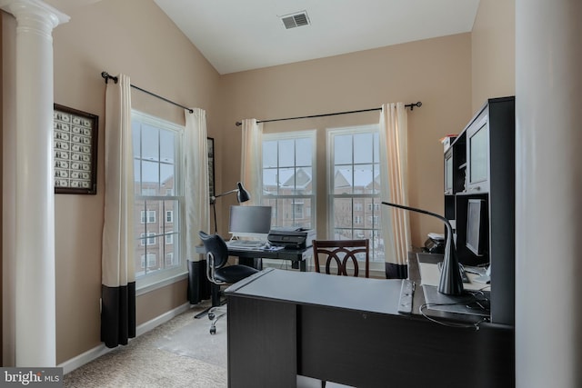 view of carpeted home office