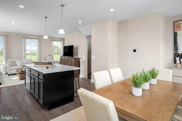 kitchen featuring pendant lighting, sink, light stone countertops, dark wood-type flooring, and a center island with sink