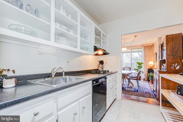 kitchen featuring white cabinetry, stainless steel gas stovetop, dishwasher, and sink